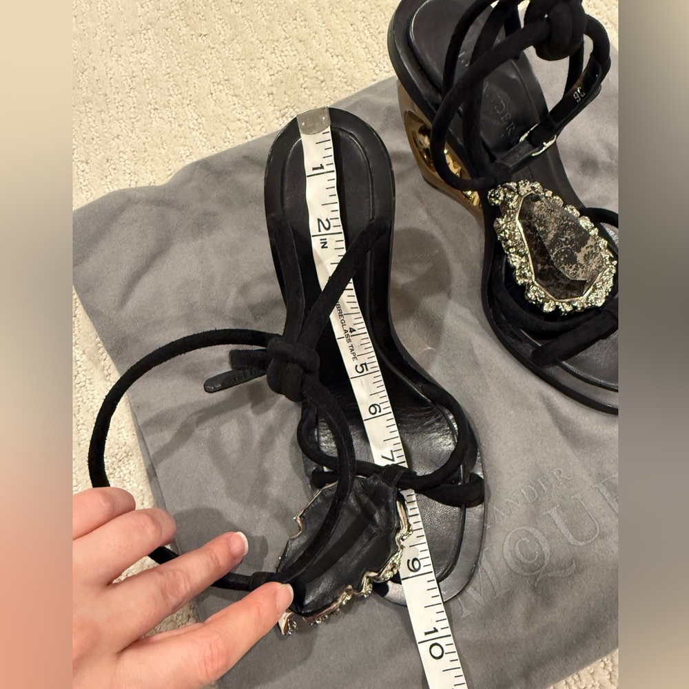 Alexander McQueen Black Suede T-Strap Wedge Sandals with Gold Sculpted Heel - Picture 14 of 15